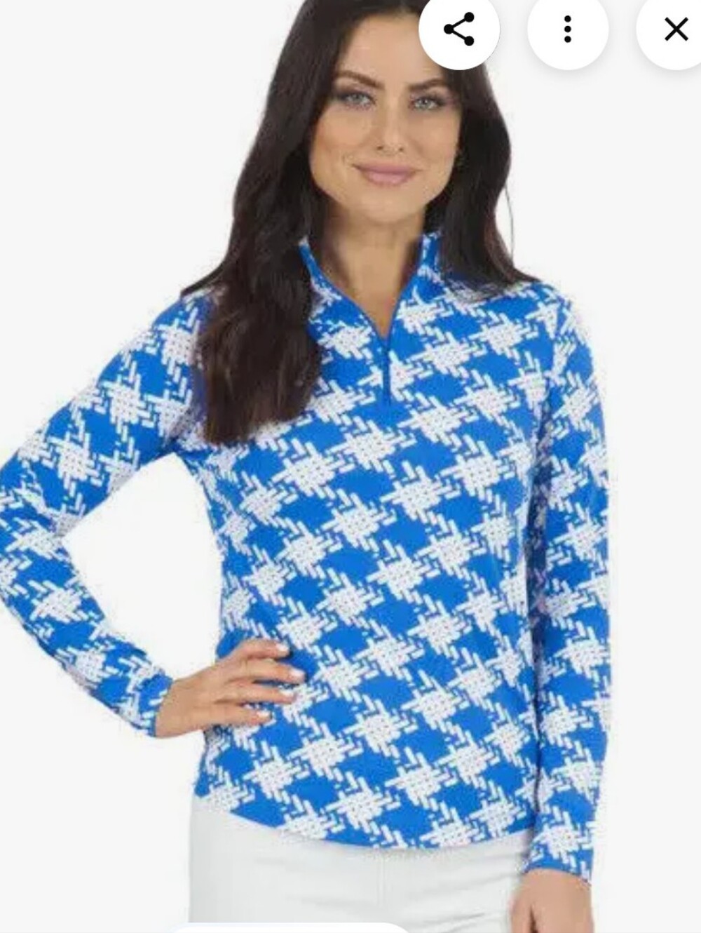 IBKÜL Kimberly Print Long Sleeve 1/4 Zip Mock Neck Top in Royal Blue and White.